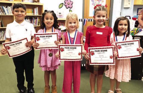 LISDABC KINDERGARTEN UILORALREADING PARTICIPANTS- Bentley Wade, Stevi Colon (1st place), Mayson Favor (2nd place), June McAlister, and Aurora Vela (3rd place). (Levelland ISD photo)