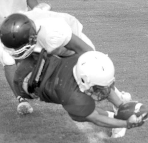 Diving For Seven- Whiteface Antelope Cash Crutcher dove for a touchdown against the Amherst Bulldogs in a home scrimmage Friday. The Antelopes are “getting better” according to Coach Clint Linman and will open their season on Aug. 26 on the road against Nazareth. (Photo Courtesy of Jay Kelley)