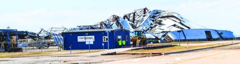 DEVASTATING STORM – The Levelland community is recovering after going through a severe thunderstorm early Wednesday morning. Large hail, heavy rain and winds projected between 100-120 miles per hour wreaked havoc for Levelland residents and businesses. Emergency relief efforts have been ongoing since Wednesday. Pictured is Penny Newman’s facility that collapsed due to the storm. (Staff photo by Emily Campos)