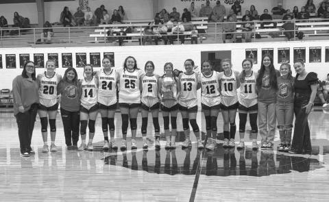 DISTRICT CHAMPIONS - The Whitharral Lady Panthers are District Champions after their win against the Anton Lady Dogs at home this past Tuesday night. Pictured above are Coach Madison Ortega with her team, Rylee Kristinek, Aerie Rodriguez, Paige Smith, Valeria Frias, Noeli Reyna, Madi Chavez, Elizabeth Reyna, Trinity Coronado, Denae Sansom, Kalyn Bates, Sheridan Neal, Aaliyah Sanchez, Paisley Neal and Madison McCully. (Photo courtesy of Whitharral ISD)