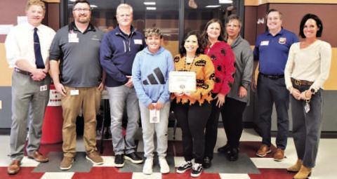 TEACHER ON THE RISE - Levelland ISD Principal Dr. Matthew Birdwell, Ethan Didway from United Supermarkets, Michael Hughes with Teacher on the Rise, LMS student Declan Jaramillo, Kimberly Ibarra, Assistant Principal Amanda Leach, LISD Director of Special Programs Donna Pugh, Shane Sumrow with Teacher on the Rise, and Counselor Sommer Coats. (Levelland ISD photo)