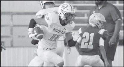 RUN PLAY - Jeremias Chavez had a 45-yard touchdown on the opening kickoff in a 60-0 Whiteface road win over the Anton Bulldogs last Friday in UIL Class 1A 6-man high school football action. Whiteface hosts Wildorado for homecoming at 7:30 this Friday while Anton heads to Spur for a 7:30 game. (Photo by Holly Crutcher)