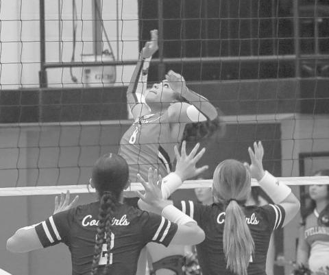 CAN’T BLOCK THIS - Levelland Loboette Mia Sepulbeda got ready to spike the bal in their team’s contest against the Plains Cowgirls this past Tuesday at home. (Staff photo by Aalijah Soliz)