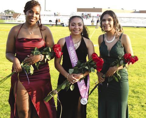 ANTON HOMECOMING QUEEN- Anton High School crowned their homecoming queen last Friday before they hosted Kingdom Prep Academy for the homecoming game. The court is, from left to right; Takyra Goree, Queen Bridget Thomas and Andie Alonzo. Anton loss to the Kingdom Prep Academy Warriors, 48-0 last Friday. The Bulldogs are now 1-2 and look to get back on the winning track in Whiteface next Friday. Game time is 7:30 p.m. (Photo Courtesy of Jay Kelley)