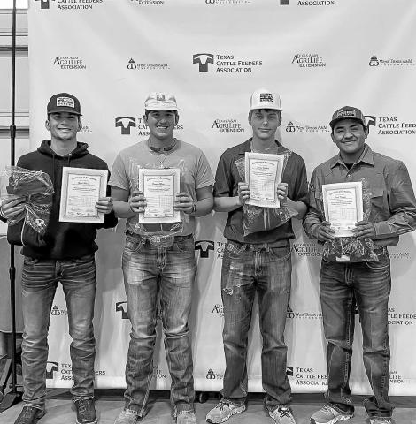 LEVELLAND FFA - Levelland FFA shared that the pictured students received their Texas Cattle Feeders Association Feed Yard Technician Certification. Over the past month, they have attended different training’s that will get them ready for a potential career in a feedlot setting , working heavy machinery, and welding. Pictured from left to right are: Rance Massey, Brayden Moore, Easton Obenhaus and David Tarango. (Photo submitted by Cristal Isaacks)