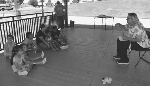 EARTH DAY- The Homeschool Association had a earth day activity at the Lobo Park On Tuesday. With the Help Of Kelly Hancock from the Chamber of Commerce who read a book about how bee’s pollinate and how plants are great for the bee’s. Pictured is Kelly Hancock, Donna Wheeler, Chloe Powell, Aria Mott, Zoe mott, Kaia Mott, Liam Mott, Lelo Perez Joshua Perez. (Staff photo by Emily Campos)