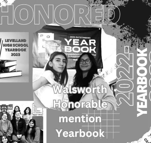 YEARBOOK 2023- Advisor Kelly- Buckner shares that Walsworth Publishing announced that they chose the LHS 2023 El Lobo Yearbook to feature in the newest edition of their inspiration book named Possibilities. Levelland High School’s 2023 El Lobo Yearbook was chosen as an honorable mention. LHS students showed exceptional examples of theme, covers, photography, and page design in last year’s yearbook. In photo Amor Gabaldon and Joleen Caballero.(Photo is courtesy of Cristal Isaacks)