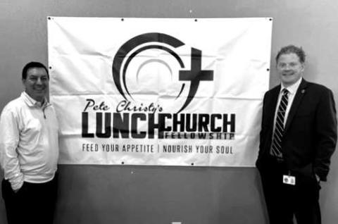 MONTHLY BLESSING - Pete Christy hosted his 96th Monthly Blessing Lunch last month at Levelland. LISD Board of Trustee Treva Potter states, “It is a blessing to hear man of faith who influence our youth. Thank you, Pete, for your tireless effort in promoting each student in the games they love.” Pictured is Pete Chrisy and Dr. Birdwell. (Photo submitted by Cristal Isaacks)
