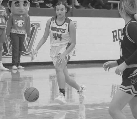 IN THE PAINT- The Sundown Roughettes hosted the Sudan Hornettes Friday night and lost an overtime nail biter, 47-45. Aria Hogan took the ball into the paint. (Photo Courtesy of Chrish Bratcher)