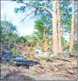 WORKING THROUGH THE DEBRIS - HCSO Investigator Tillman spent a week in the Texas Hill Country offering his assistance with debris removal and recovery following the floods that caused significant damage to the area. Pictured is one of the areas Tillman conducted debris removal with a chainsaw crew near Center Point, Texas. (Photo courtesy of Tillman)