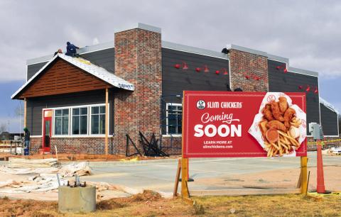 TAKING SHAPE - Construction at the Slim Chickens new location located in Levelland is talking shape as the main exterior of the building is nearing completion. A grand opening date has yet to be announced, however, applications are being accepted through slimchickenjobs.com. Updates are available through Slim Chickens Levelland Facebook Page. (Staff photo by Emily Campos)