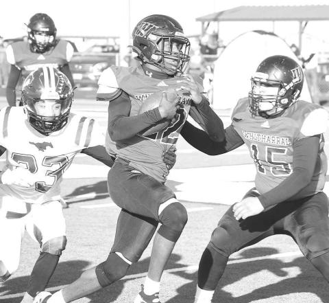 SPEED BACK- Shamadrick Weaver had 11 carries for 84 yards and a touchdown in a 76-31 UIL Class 1A2 high school football sem-final loss to the Benjamin Mustangs on Saturday in Hermleigh. The Panthers finish their season at 12-2. (Photo Courtesy of Jay Kelley)