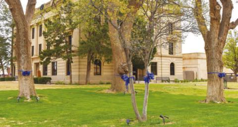 CHILD ABUSE PREVENTION MONTH - The Hockley County Courthouse trees are wrapped with blue ribbon to show support for child abuse prevention month for April. According to the U.S. Department of Health and Human Services, there are close to four million reports of child abuse each year in the U.S. (Staff photo by Emily Campos)