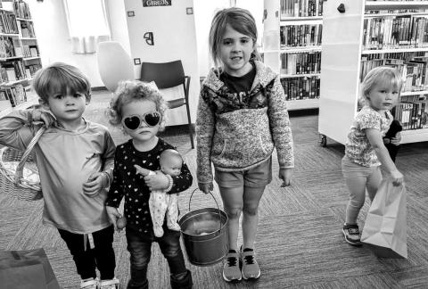 EGG HUNT- The City of Sundown Library hosted its first annual egg hunt for “Story Time” Monday, March 25. Led by library staffer Roxane Rivera, the group meets on Mondays at 10 a.m. and is open to all ages of growing readers. The hunters made bunny-eared hats and searched for cereal-filled eggs hidden throughout the new library. Attendees included: Ian (not pictured), in photo is Hannah, Eden, Hayes, and Hannah.(Photo courtesy of Sundown Library)