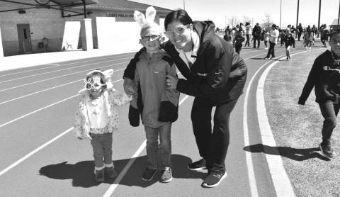 BUNNIES - The ABC Hip Hop event was full of laughter and fun as the children were able to run, dance and have fun with their teachers, familys and friends on Wednesday at the Lobo Stadium. Pictured are Alyssa Kern, Lncoln Kern and Stevi Kern. (Staff photo by Emily Campos)