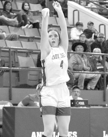 FROM DOWNTOWN- The Lady Antelopes won the Way Out West Basketball Tournament in Whiteface over the weekend. Emma Ayers knocked down a three-pointer during the title game against Plains. (Photo Courtesy of Holly Crutcher)