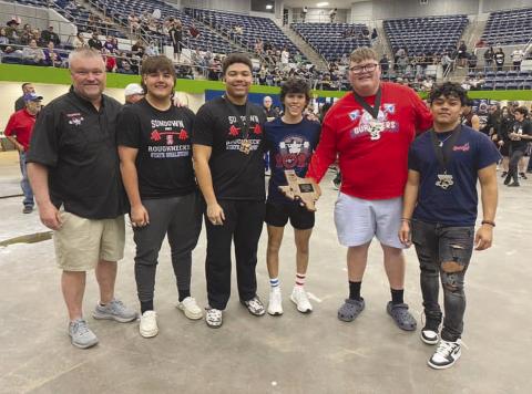 FOURTH PLACE- The Sundown Powerlifting Team traveled to Abilene last weekend to compete at the THSPA State Powerlifting As a team, the Roughnecks placed fourth, while breaking two individual state records. Pictured from left to right are: Head Coach Barry Newton, Jeffery Rodriguez, Dekota Golightly, Michael Salazar, Konar Alaman, and Rickey Melendez. (Photo Courtesy of Sundown ISD)