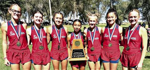 DISTRICT CHAMPIONS - The Sundown Roughettes Varsity Cross Country team won the District Championship this past Saturday at Yoakum Park in Denver City, Texas. Pictured in no particular order is Addie Hord, Kaylin Clausen, Karter Hord, Ivy McGlasson, Sarah Posadas, Karmindy Townsend and Maddy Medrano. (Photo provided by Sundown Roughnecks Facebook Page)
