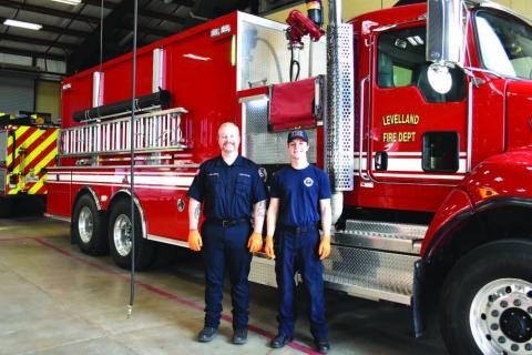 Levelland Fire Department Fire Inspector and fire fighter Cade Millenbine and firefighter Tyler Duffey are among the first responders for the department with Fire Chief Patricia Byars-Faulkner leading the crews. Levelland FD has around 30 employees who are dispatched for emergencies as well as other community assistance. (Staff photo)