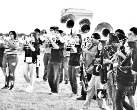 MAKE SOME NOISE- The Levelland ISD band participated in the My Hometown revival this past Wednesday. Community members came out to support the Lobos. The event had food trucks, a pep rally and ended with a bon fire. (Staff photo)