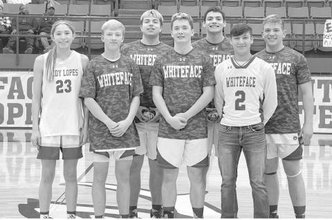 WHITEFACE SENIORS- Whiteface High School boys and girls varsity basketball teams recently celebrated senior night. Pictured from left to right are: Allison Martha, Gavin Baker, Beau Brewer, Joel Fortner, Jeremiah Soliz, Noah Rector and Brighton Scoggins. (Photo Courtesy of Holly Crutcher)