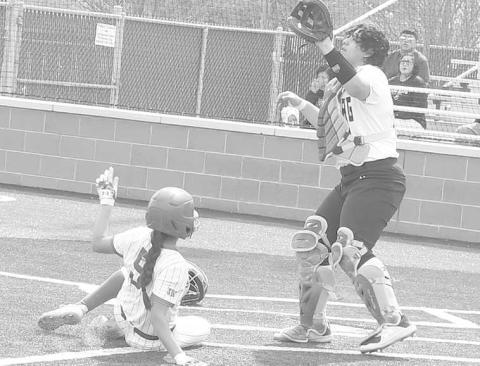 ONE OF 20- Erica Posada scored one of 20 Sundown runs against the visiting Petersburg Lady Buffaloes Saturday in UIL high school softball action. The Roughettes won 20-1. (Photo Courtesy of Jay Kelley)