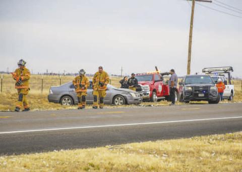 HIGHWAY COLLISION - The Hockley County Sheriff’s Office (HCSO), Levelland Fire Department (LFD), Levelland Emergency Medical Services (LEMS) and Texas Department of Transportation responded to a two-vehicle collision along West Highway 114 and FM 303. A fire report provided by the LFD stated all occupants of the vehicles were out before arrival to the scene. (Staff photo by Dom Puente)