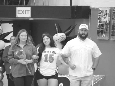 SENIOR NIGHT - Levelland Loboette Mykka Bihl was escorted on the court during Senior Night last Tuesday by her parents Michael and Stephanie Bihl.Mykka plans on attending Mary Hardin Baylor to pursue a Bachelor’s in Biology and then enter into their post-graduate program to becoime a veterinarian. (Staff photo by Aalijah Soliz)