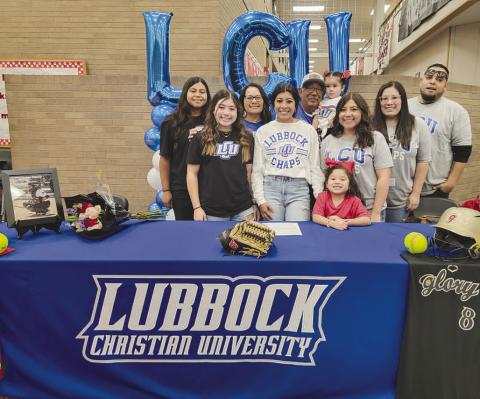 HEADED TO LCU- It was a great day at Levelland High School as senior Chloe Constantino signed with Lubbock Christian University (LCU) Monday. Chloe has a passion for softball and will now get to continue her softball journey at LCU. Chloe is an excellent student in the classroom and fabulous athlete on the field. Pictured in no particular order are: Daniel, Norma, Chloe and Danielle Constantino; Delaney and Carleigh Delgado; Zeke, Michelle, Ariel and Xiomara Escobar. (Photo Courtesy of Cristal Isaacks)