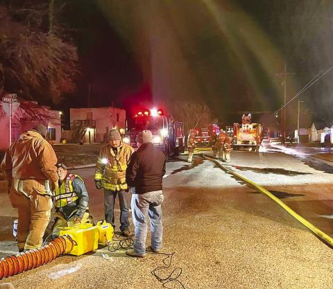 FIGHTING EARLY MORNING FIRE - Around 1:40 p.m., the Levelland Fire Department responded to a report of a backyard fire in the 1400 block of Austin. While enroute, dispatch advised the fire had spread to a nearby structure. As of 7:30 a.m., crews continued to battle a small, two-story apartment-style structure fire with assistance from the Sundown VFD, Whiteface VFD, Morton VFD and West Carlisle VFD. (Photo courtesy of City of Levelland)
