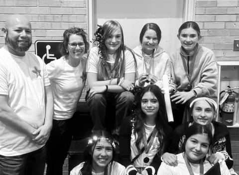 ROCKET ROCKSTARS-- Pictured are the Rocket Rockstars who placed second overall in the region and will go on to compete in the state competition. Pictured (back row) Jeremiah Gavina, team sponsor, Cindy Niederhauser, team manager, Roxie Hall, Hattie Niederhauser, Hollyn Howard, (middle) Jagger Ruiz, Anna Wheeler, (Front) Elena Guajardo, and Jenesis King.