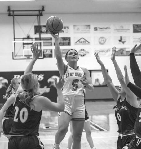 FLOATER - Ropes Lady Eagle Aubrey Bandy shot over the Lady Leapord defense during the teams game last Friday night. (Photo courtesy of Donovan Martin)