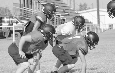 PANTHER D LINE -The Whitharral Panthers’ defensive line prepared to engage the offense during two-a-day workouts early this week at Whitharral High School. The Panthers will host Petersburg Friday, August 18th in their second scrimmage. (Staff photo by Aalijah Soliz)