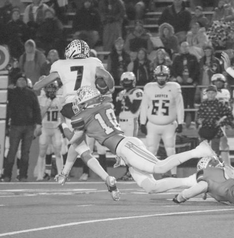 TOO FAST - Ropes Eagle Brady Bryan chased down the Gruver quarterback for a minimal gain of yards on the play during the team’s last game at Happy State Bank Stadium. (Staff photo by Aalijah Soliz)