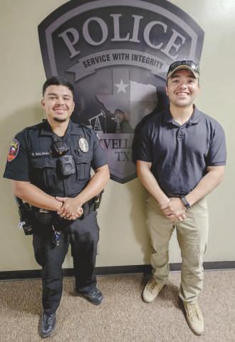 CERTIFIEDVETERANSPROGRAMS - Pictured are Officers Salinas and Lazcano of the Levelland Police Department (LPD). They are part of the field training program (FTO) and first year of probation programs for the LPD. The programs were recently certified by Veterans Affairs (VA) through the Texas Workforce Commission (TWC). The certified program allows veterans to utilize their education benefits for a year and 16 months with the LPD. This includes housing and living expenses. (Staff photo by Dom Puente)