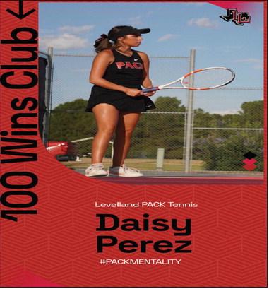 100 WINS FOR PEREZ - Senior Daisy Perez earned her 100th career win with the Levelland Tennis Pack on Sept. 16 against Shallowater. Levelland ISD says: “Daisy has always played tennis and is an asset to our Pack Tennis Team. Congratulations Daisy on your hard work!” (Photo provided by Levelland ISD)