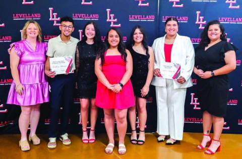 LHS STUDENT TRAINERS - Levelland High School held their annual athletic banquet ceremony Monday at the Mallet Event Center and Arena. Pictured are the this years student trainers and those who earned the following earned awards: MVP Matthew Almager, Newcomer of the Year Naylea Saucedo. (Photo courtesy of Cristal Isaacks)