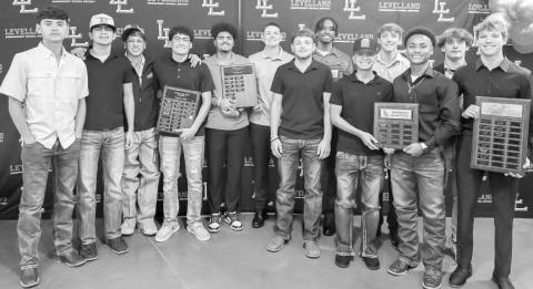 LOBO BASKETBALL - Levelland High School held their annual athletic banquet ceremony Monday at the Mallet Event Center and Arena. The following players earned awards: Offensive MVP Eryk Jones, Defensive MVP Ethan Salazar, Gano Tubb Award Gavin French, Newcomers Bryson Golightly and Nehemiah Sanchez and Heart of a Lobo Sean Landrum and Graham Gibbs. (Photo courtesy of Cristal Isaacks)