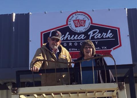JOSHUA PARK GROCERY- Clifton and Carol Tuner were honored with the presentation of a sign commemorating the 38 years of service to the area. Carol and Clifton nave owned and operated the family oriented store since January 13, 1986. They are well known in Levelland and surrounding areas as having the best fountain drinks, friendly staff, and clean store. In photo are Clifton and Carol Turner.(Photo submitted)