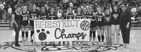 BI-DISTRICT CHAMPS - Whitharral topped the Klondike Lady Cougars in overtime for their first round of playoffs win. Pictured above are Coach Madison Ortega, Assistant Coach Madison McCully, Rylee Kristinek, Valeria Frias, Denae Sansom, Elizabeth Reyna, Aerie Rodriguez, Madi Chavez, Paige Smith, Sheridan Neal, Trinity Coronado, Kalyn Bates, Aaliyah Sanchez and Paisley Neal. (Photo from Whitharral ISD)