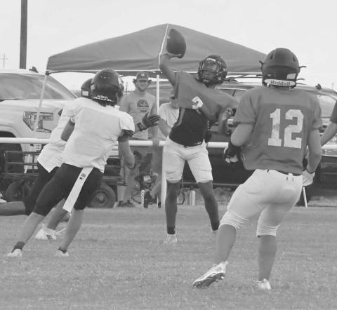 SCRIMMAGE PASS- Whitharral’s Brent Robinson went for a long pass in a scrimmage against the Lubbock Home School In Whitharral last Friday. Robinson and the Panthers will scrimmage in Petersburg next Friday at 5 p.m. (Photo Courtesy of Jay Kelley)