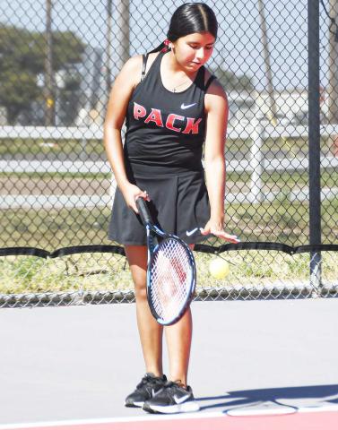 DRIBBLIN’IT – Angelia Rivera dribbles the tennis ball as she prepares to serve during a tennis match against Lubbock-Cooper Liberty this past Tuesday at the Levelland tennis courts. (Staff Photo by Jentezen Smith)