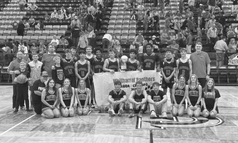 AREA CHAMPS - The Whitharral Panthers took on the Borden County Coyotes this past Friday in Lamesa for their area round of playoffs where the Panthers won 55-47. The Panthers faced off against the Klondike Cougars this past Friday for the team’s regional quarterfinal matchup at Frenship High School in basketball playoffs. (Photo courtesy of Whitharral ISD)