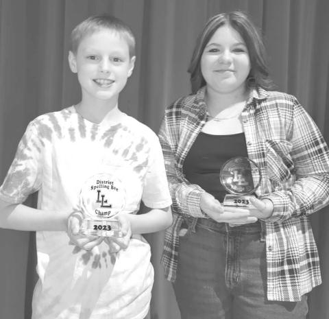 DISTRICT WINNERS-- Have you ever felt exhilaration? Well Caleb Willey did when he won the Levelland ISD District Spelling Bee on Tuesday. The District Bee included the winners and runners-up from Capitol, South, LIS and LMS, who competed for the top prize. After 18 Rounds Caleb beat out the other contestants to move on to the Regional Spelling Bee in Lubbock that will take place on March 25th. The runner up was LMS 7th-Grader Trinidy Guarjardo. Congratulations to the amazing spellers. (Submitted Photo)