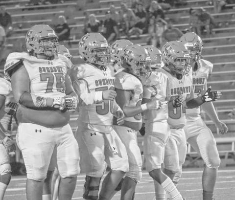 BIG DOGS - The Sundown Roughnecks run game was doing well because of their offensive line being able to move around anyone they wanted. Pictured above is the offensive line breaking their huddle this past Thursday against the Fighting Irish. (Staff photo by Aalijah Soliz)