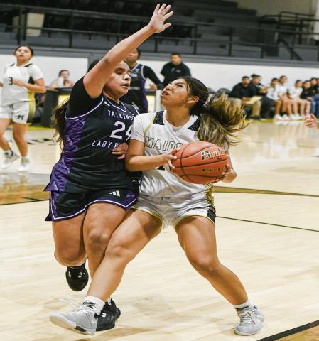 FINISH THROUGH THE CONTACT - Morton's Khloe Aguirre fights through the con tact to try and score during their basketball game against Talkington this past Tuesday night at Morton High School. Aguirre would have 13 points, six rebounds and three steals in the Maidens win. (Staff photo by Jentezen Smith)