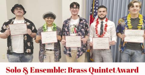 BRASS QUINTET- Levelland High School band members qualified for state in division I ensemble. Brass quintet had four LHS students qualify. Pictured from left to right are: Chase Pickering, Sarahi Munoz, Martin Nieland, Michael Osornio and Christian Wheeler. (Photo Courtesy of Cristal Isaacks)