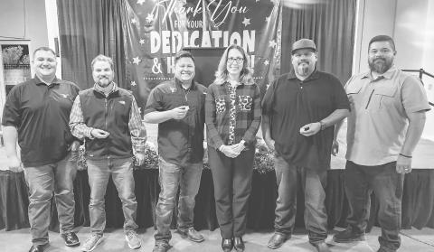 FIVE YEARS OF SERVICE - During the City of Levelland’s 55th Annual Employee Appreciation Banquet, several employees were recognized for reaching the five years of service mark. Pictured from right to left are: Joshua Rincones with the LPD, Dustin Reichelt with the Parks and Cemetery Department, Emilio Miranda with the LPD, City Secretary Andrea Corley, Amado J. Galvan with the Street Department and Eli Colunga with Code Enforcement. Not pictured is Ivan Baeza with the LPD. (Staff photo by Dom Puente)