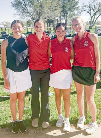 RUNNERS-UP - The Sundown Roughettes golf team finished runner-up at the Sands In vitational with a score 458. Pictured in no particular order is Maddy Medrano, Bethany Honesto, Jayden Sandlin and Addilyn Hord. (Photo provided by Sundown ISD)