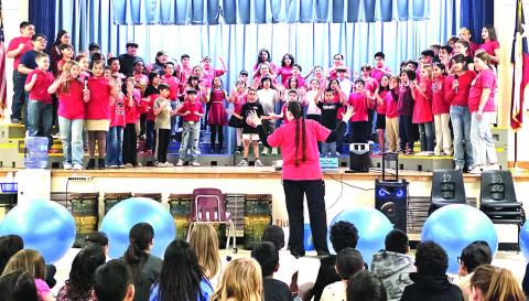 MUSIC TIME-- LISD South Elementary fourth graders performed a music program on Wednesday showcasing the skills they've been learning with music director Jennifer Turner this year. Students played the ocarinas, sang songs and showed off their drumming skills. (Levelland ISD photo)